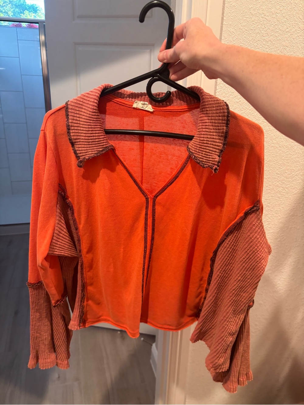 Free People Rust Orange Layered Ribbed Sleeve Polo Top
